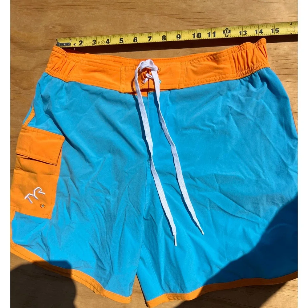 TYR Mens Board Shorts Blue Orange Swim Trunks Cargo Pocket Size Medium